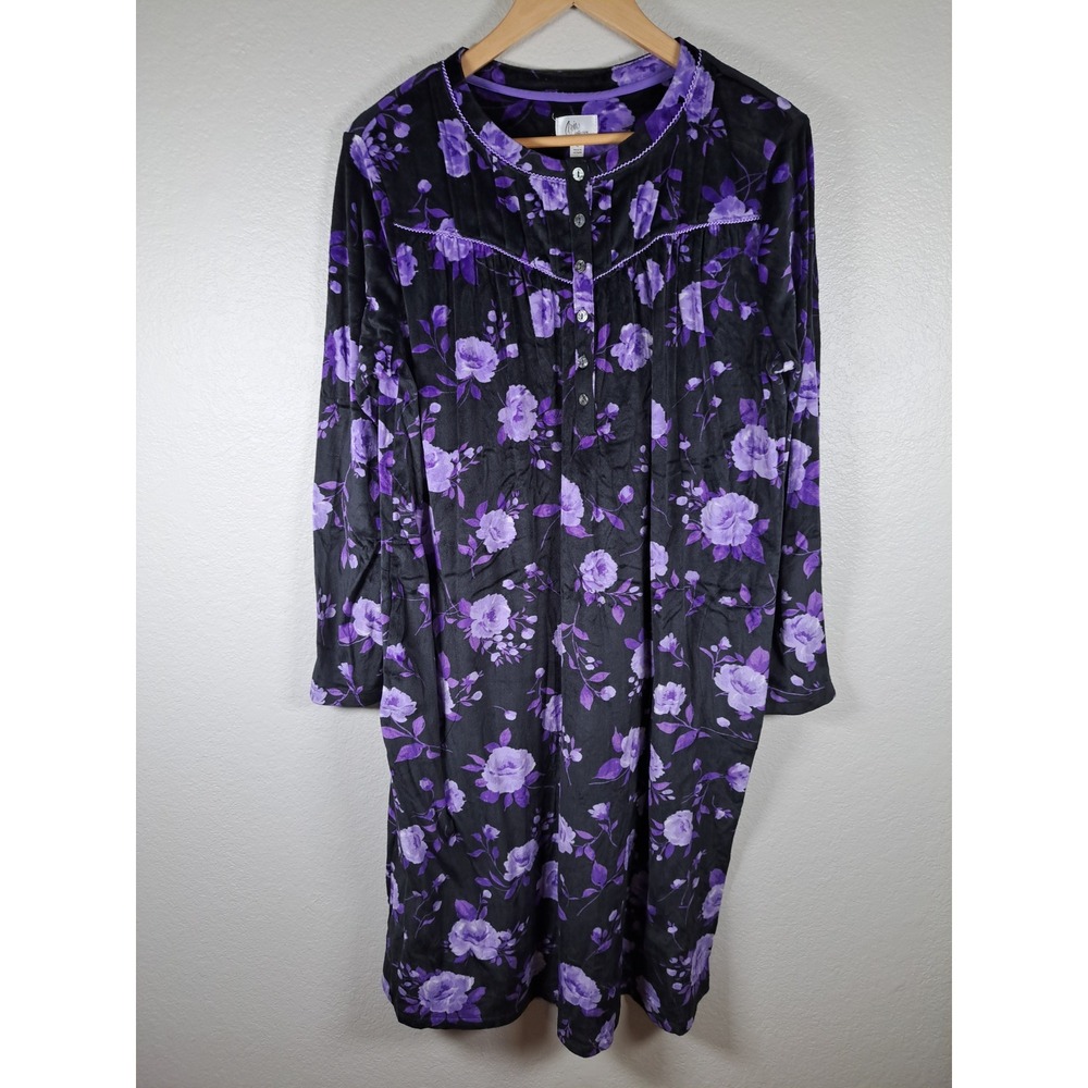 Aria Collection Purple Floral Nightgown Long Sleeve Velour Sleep Dress Large